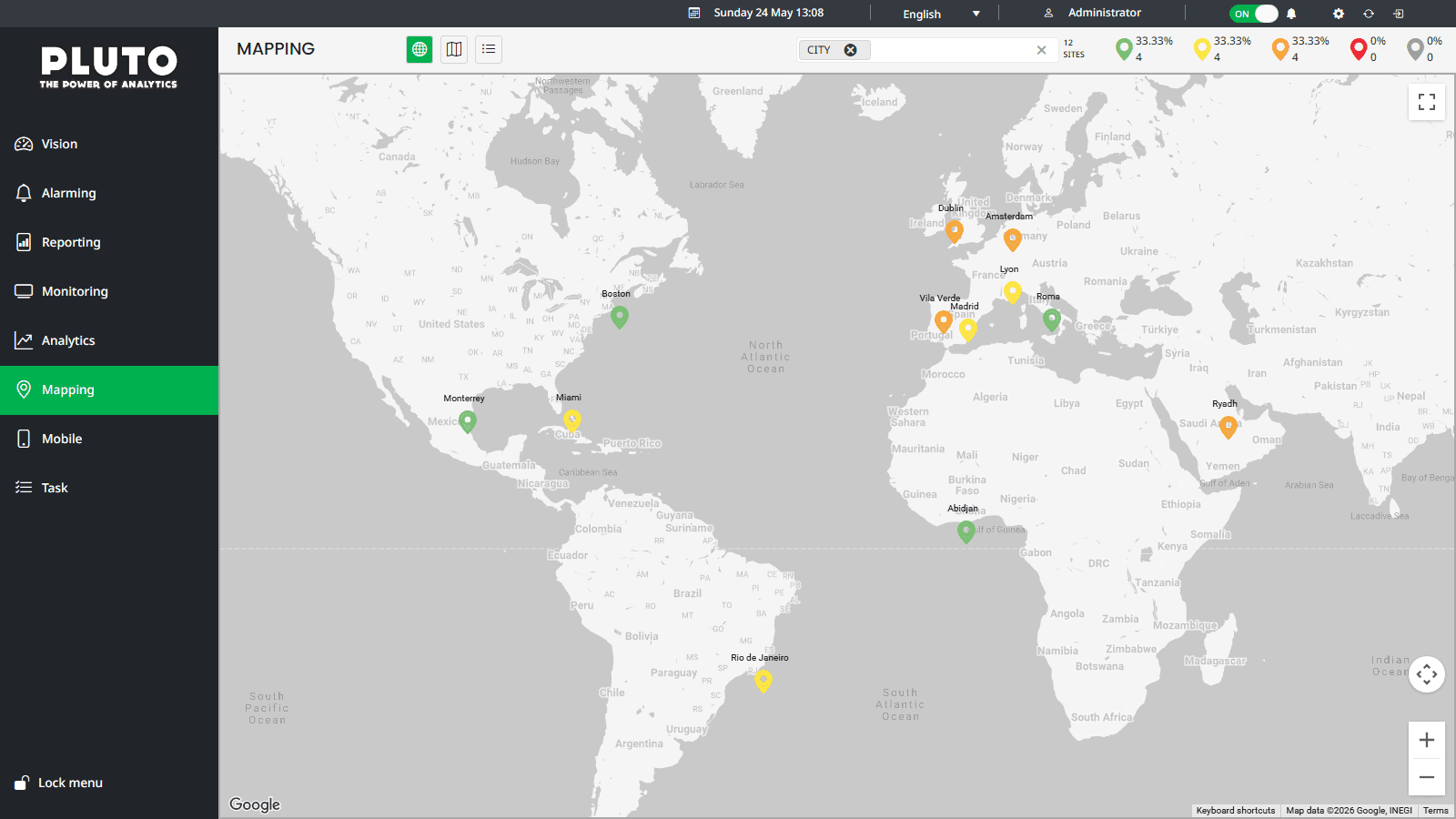 Pluto Analytics Mapping module — world map with colour-coded site pins, status summary for 12 sites and CITY filter.